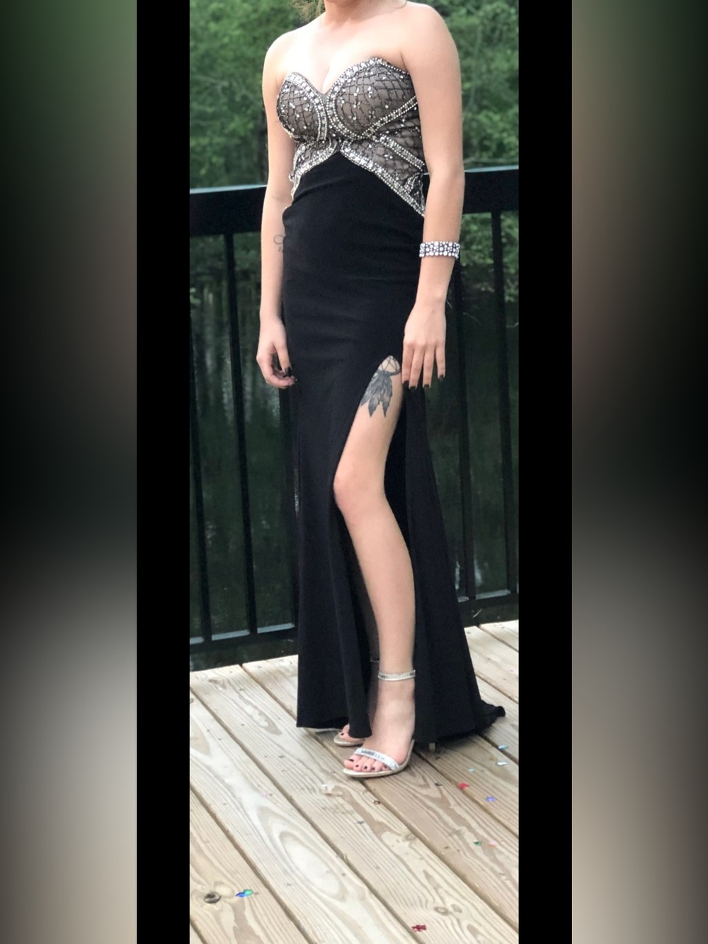 Strapless Black & Silver Prom Dress with High Side Slit